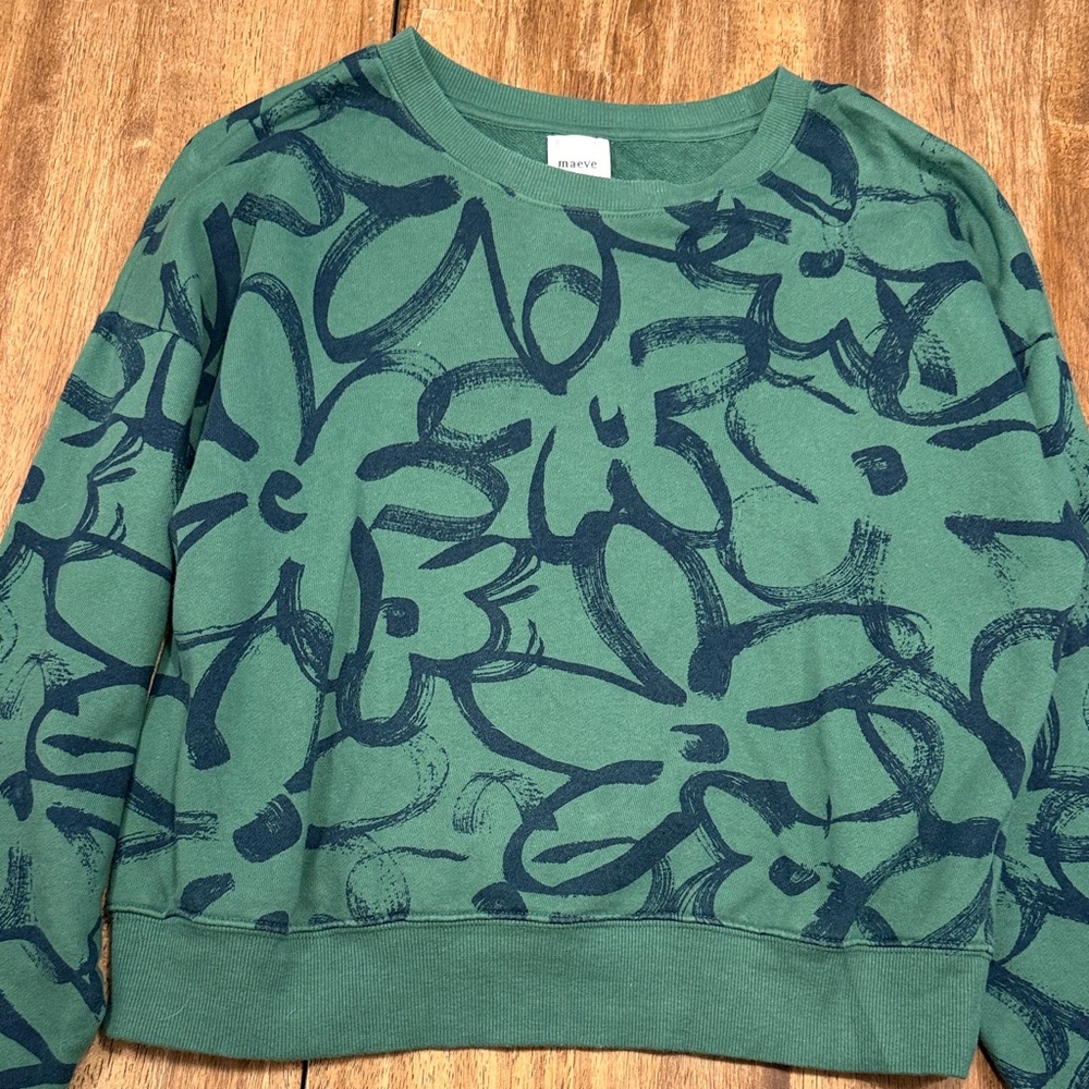 Maeve Green Floral-Print Crewneck Sweatshirt